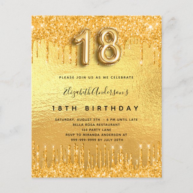 18th birthday party gold glitter invitation (Front)