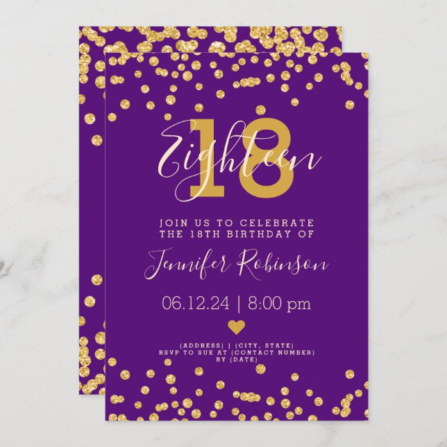 18th Birthday Party Gold Glitter Lights Purple  Invitation (Front/Back)