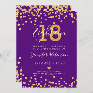 18th Birthday Party Gold Glitter Lights Purple Invitation