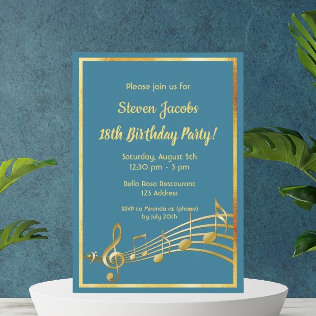 18th birthday party gold music notes teal blue invitation