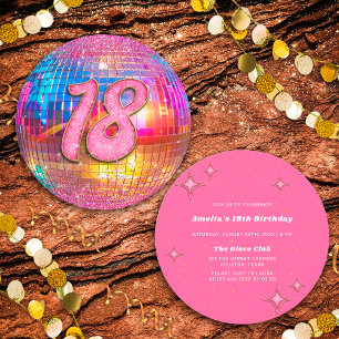 18th Birthday Party Gold Pink Glitter Disco Ball Invitation