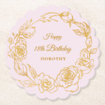 18th Birthday Party Gold Rose Blush Pink Paper Coaster<br><div class="desc">Elegant gold rose floral 18th birthday paper coaster features pretty script calligraphy surrounded by a luxe gold rose wreath. The roses look beautiful with the soft blush pink background. You can actually change the background color to any color. All of the text can be edited. This item is part of...</div>
