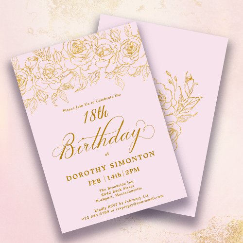 18th Birthday Party Gold Rose Floral Blush Pink Invitation