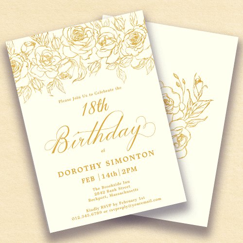 18th Birthday Party Gold Rose Floral Ivory White Invitation