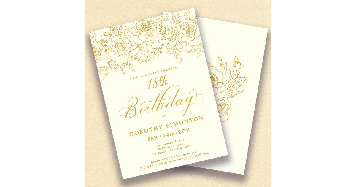 18th Birthday Party Gold Rose Floral Ivory White Invitation | Zazzle
