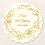 18th Birthday Party Gold Rose Ivory White Paper Coaster<br><div class="desc">Elegant rose gold floral 18th birthday paper napkins feature pretty script calligraphy surrounded by a lush gold rose wreath. The roses look beautiful with the ivory white background. You can actually change the background color to any color. All of the text can be edited. This item is part of the...</div>