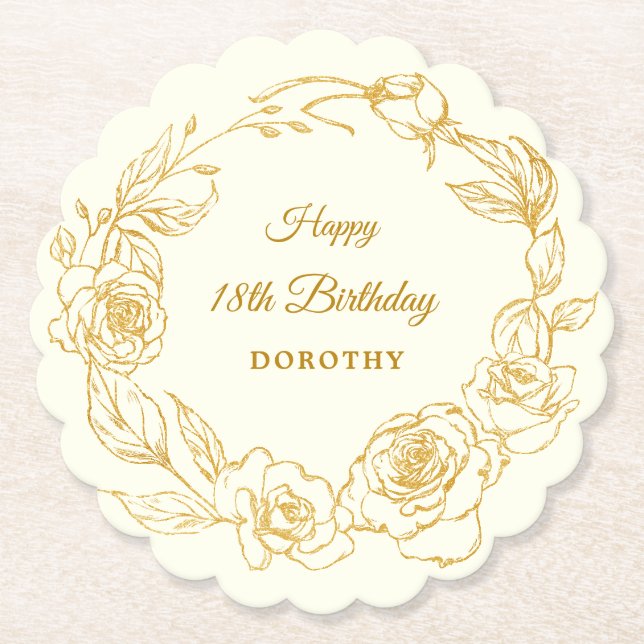 18th Birthday Party Gold Rose Ivory White Paper Coaster (Front)