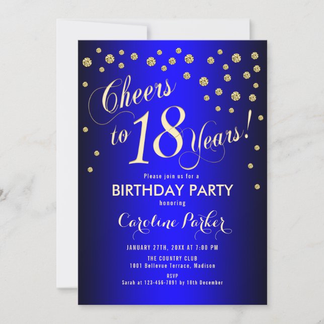 18th Birthday Party - Gold Royal Blue Invitation (Front)