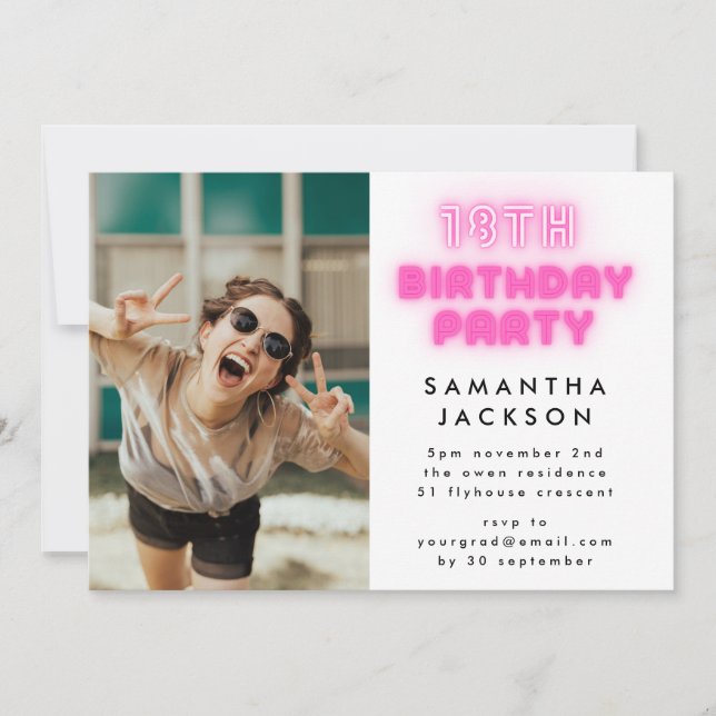 18th Birthday Party Hot Pink Neon Lumo Lights Invitation (Front)