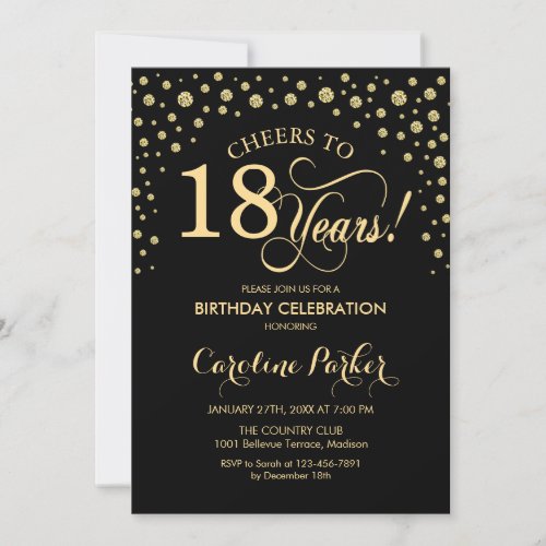 18th Birthday Party Invitation - Gold Black