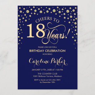 18th Birthday Party Invitation - Gold Navy Blue