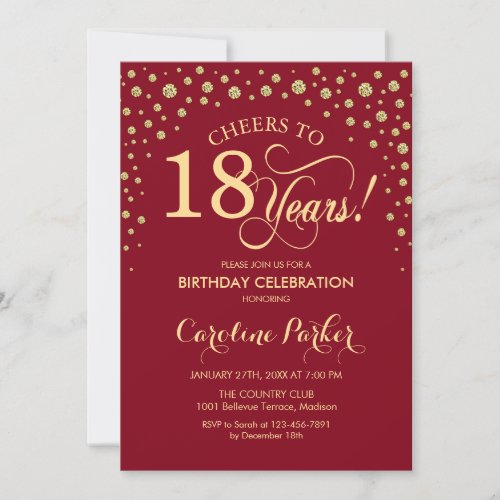 18th Birthday Party Invitation - Gold Red