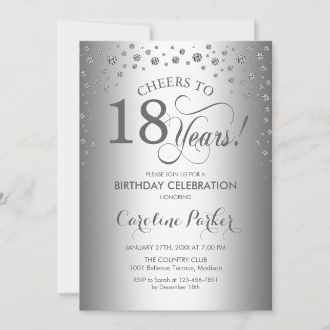 18th Birthday Party Invitation - Silver (Front)