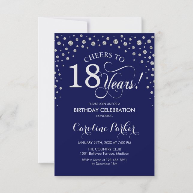18th Birthday Party Invitation - Silver Navy Blue (Front)
