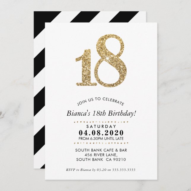 18TH BIRTHDAY PARTY INVITE modern gold glitter (Front/Back)