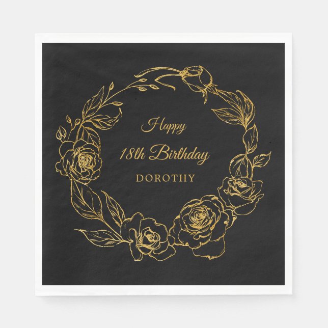 18th Birthday Party Luxe Gold Rose Black Cocktail Napkins (Front)
