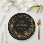 18th Birthday Party Luxe Gold Rose Floral Black Paper Plates<br><div class="desc">Elegant rose gold floral 18th birthday paper plate features pretty script calligraphy surrounded by a luxe gold rose wreath. The roses look beautiful with the dramatic black background. You can actually change the background color to any color. All of the text can be edited. This item is part of the...</div>