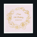 18th Birthday Party Luxe Gold Rose Pink Cocktail Napkins<br><div class="desc">Elegant rose gold floral 18th birthday paper napkins feature pretty script calligraphy surrounded by a lush gold rose wreath. The roses look beautiful with the pink background. You can actually change the background color to any color. All of the text can be edited. This item is part of the Luxe...</div>