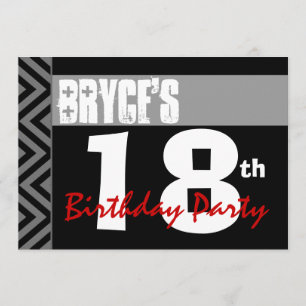 18th Birthday Party Modern Black Gray Red V01 Invitation