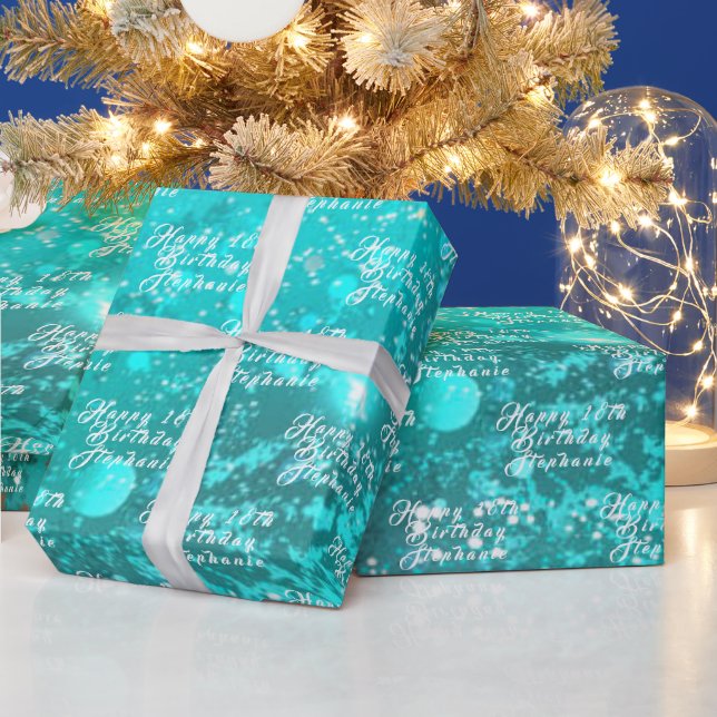 18th Birthday Party Name Teal Aqua Turquoise  Wrapping Paper (Holidays)
