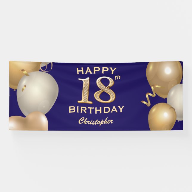 18th Birthday Party Navy Blue and Gold Balloons Banner (Horizontal)