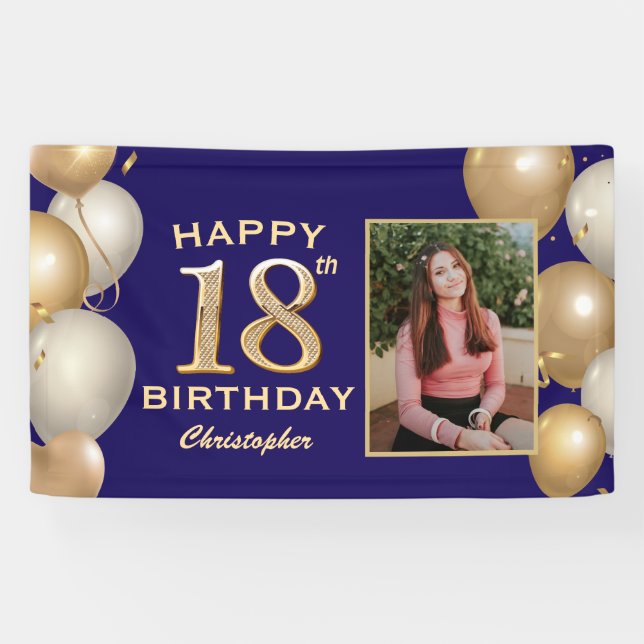 18th Birthday Party Navy Blue and Gold Balloons Banner (Horizontal)