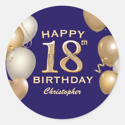 18th Birthday Party Navy Blue and Gold Balloons Classic Round Sticker