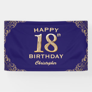 18th Birthday Party Navy Blue and Gold Glitter Banner