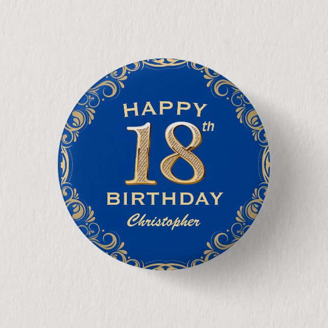 18th Birthday Party Navy Blue and Gold Glitter Button (Front)
