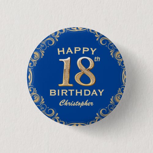 18th Birthday Party Navy Blue and Gold Glitter Button