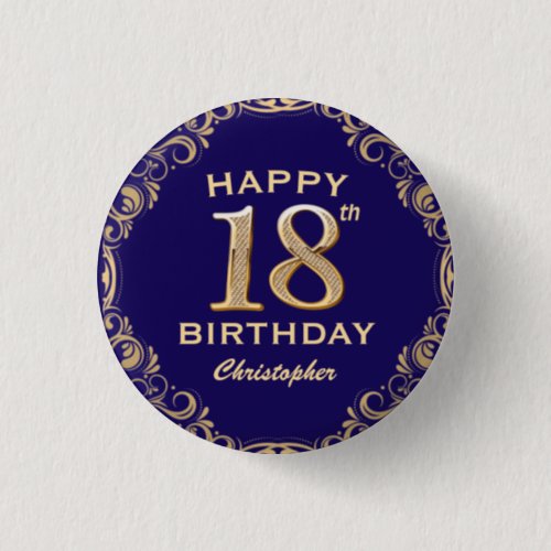 18th Birthday Party Navy Blue and Gold Glitter Button