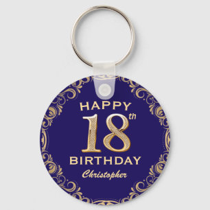 18th Birthday Party Navy Blue and Gold Glitter Keychain