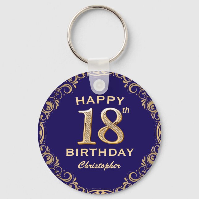 18th Birthday Party Navy Blue and Gold Glitter Keychain (Front)
