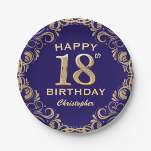 18th Birthday Party Navy Blue and Gold Glitter Paper Plates