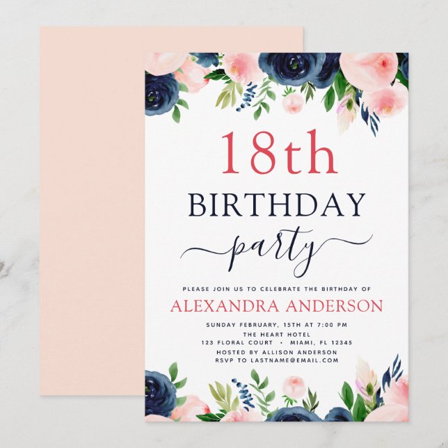 18th Birthday Party Navy Blue Blush Pink Floral Invitation (Front/Back)