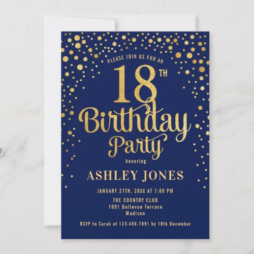 18th Birthday Party _ Navy  Gold Invitation