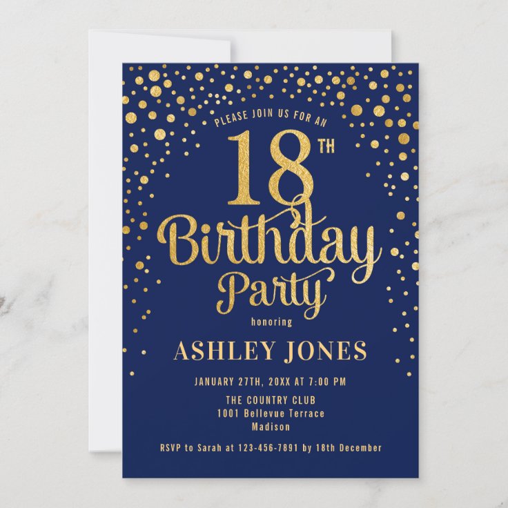 18th Birthday Party - Navy & Gold Invitation | Zazzle