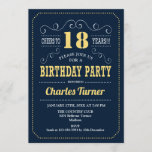 18th Birthday Party - Navy Gold Invitation<br><div class="desc">18th Birthday Party Invitation.
Elegant navy blue,  gold and white retro design with script font. Cheers to 18 years! Message me if you need further customization.</div>