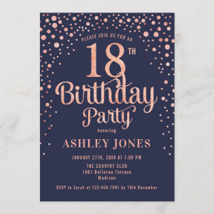 18th Birthday Party - Navy & Rose Gold Invitation