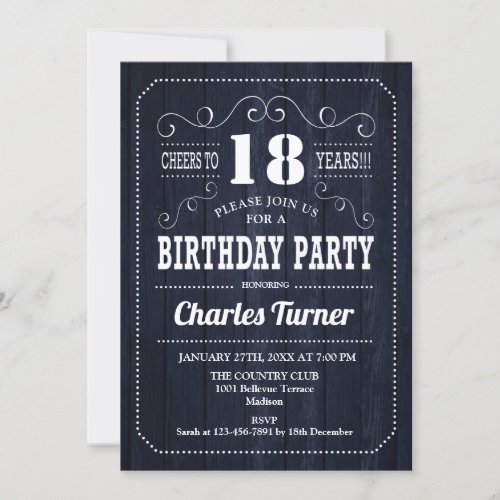 18th Birthday Party _ Navy Wood Pattern Invitation