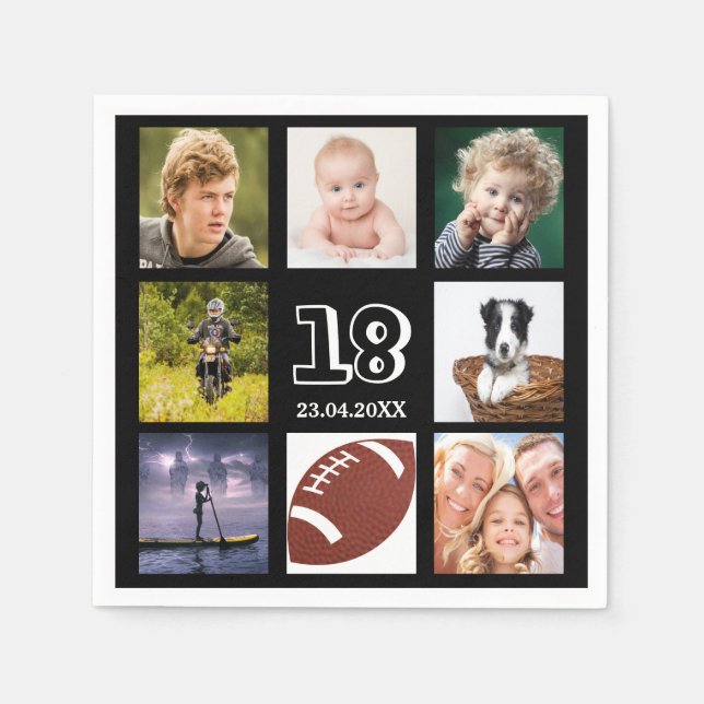 18th birthday party photo collage boy black napkins (Front)