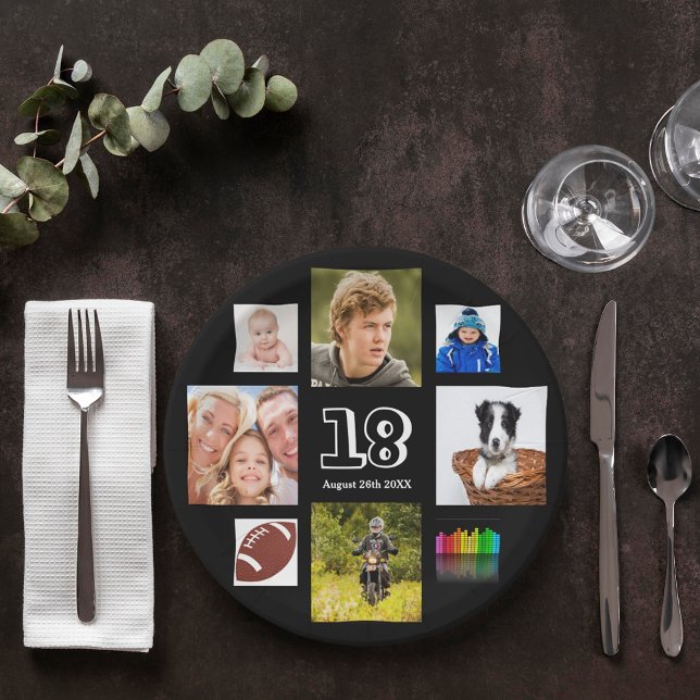 18th birthday party photo collage boy black paper plates (Creator Uploaded)