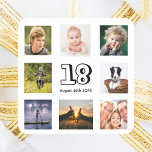 18th birthday party photo collage boy square sticker<br><div class="desc">A sticker for a 18th birthday party for a boy,  celebrating his life with a collage of 8 of your photos.  Templates for the age 18 and a date.  Date of birth or the date of the party.  Black colored letters.  White background.</div>