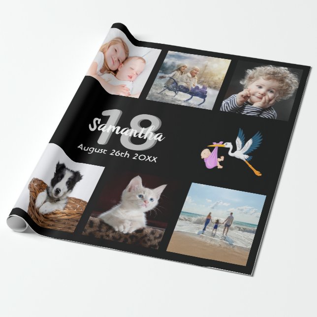 18th birthday party photo collage woman black wrapping paper (Unrolled)