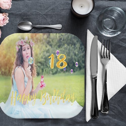 18th birthday party photo gold script paper plates