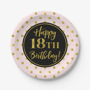 18th Birthday Party Pink Black Gold Dots Paper Pla Plates