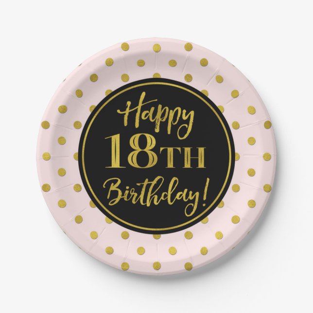 18th Birthday Party Pink Black Gold Dots Paper Pla Plates (Front)