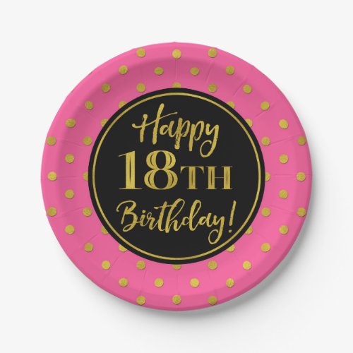 18th Birthday Party Pink Black Gold Dots Paper Plates