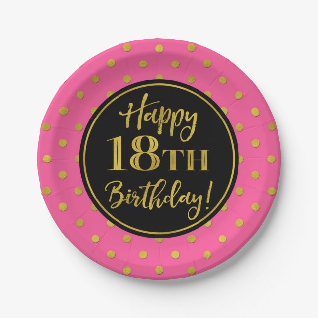 18th Birthday Party Pink Black Gold Dots Paper Plates (Front)