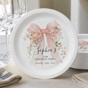 18th Birthday Party Pink Bow with Roses Custom Paper Plates